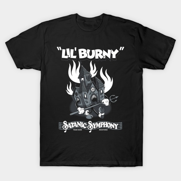 Lil Burny - Satanic Symphony - Vintage Cartoon Burning Church T-Shirt by Nemons